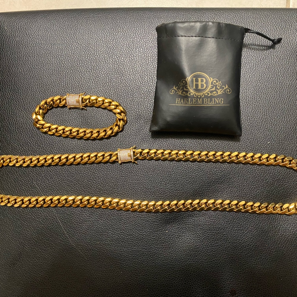 18k CUBAN LINK CHAIN AND BRACELET 18k GOLD PLATED 30" 9.5mm - Picture 4 of 16